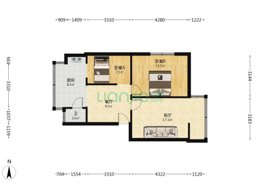 昆明市电工厂生活区 2室2厅1卫 58平方