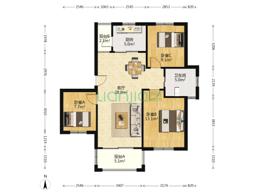 悦泽公寓 3室1厅1卫 90平方