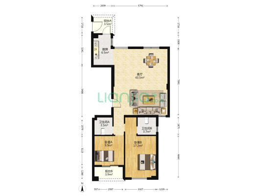 通汇景园 2室1厅2卫 132平方