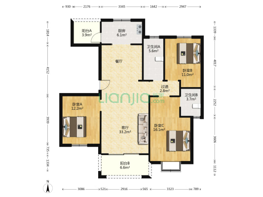 梦溪嘉苑五区 3室1厅2卫 124平方
