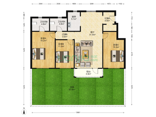 雅居乐花园B地块 3室1厅2卫 129平方