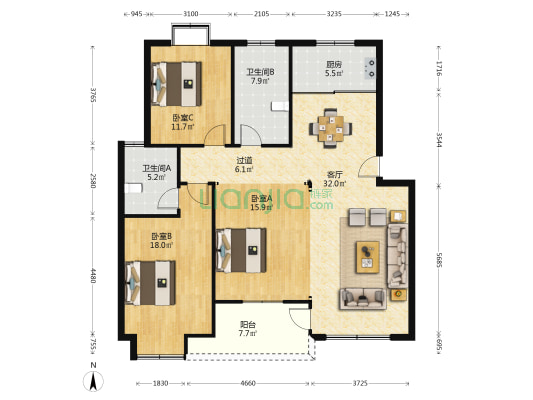 双龙花园东区 3室1厅2卫 126平方