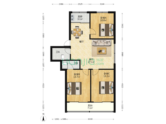 福汇楼 3室1厅2卫 98平方