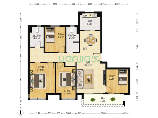 华润昆仑御二期 4室1厅2卫 136平方