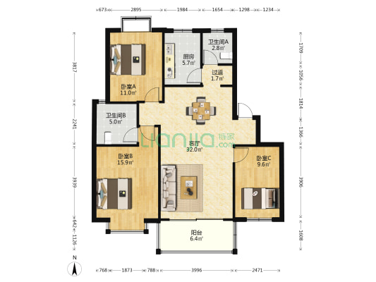 香山人家小区 3室1厅2卫 107平方