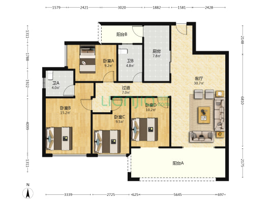 富铭苑 4室1厅2卫 131平方