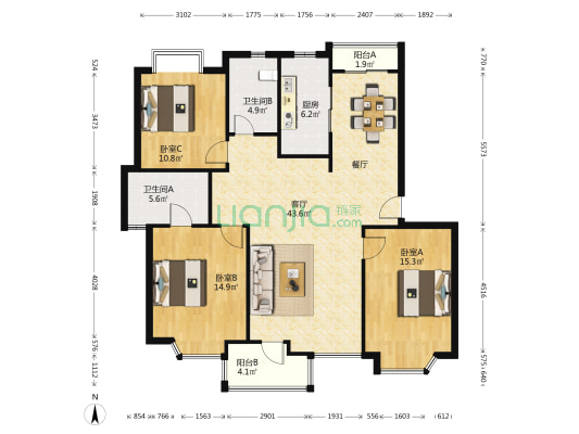 辰凯紫藤苑 3室1厅2卫 136平方