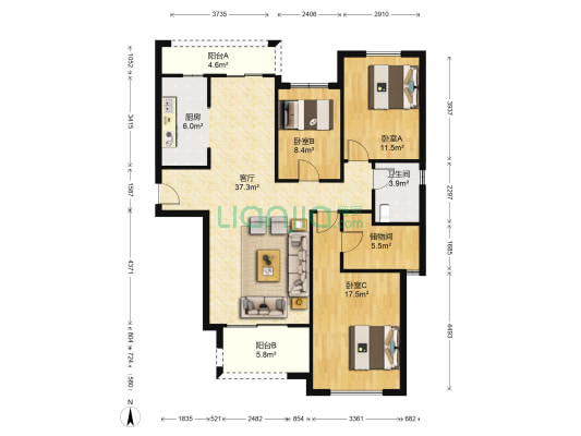 融侨观邸一期 3室1厅1卫 126平方