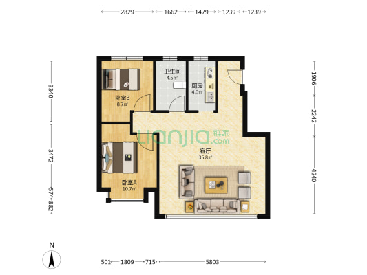 富禹东域 2室1厅1卫 80平方