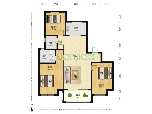 当代宏安满堂悦 3室1厅2卫 116平方