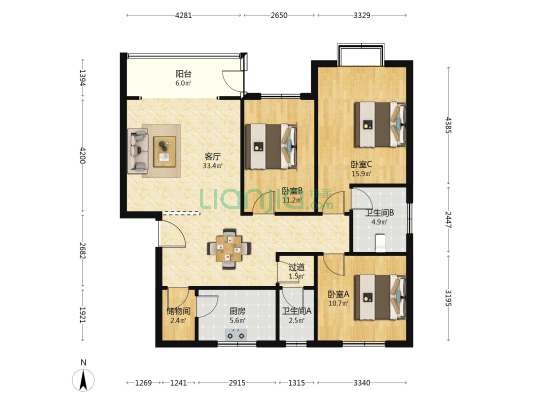 沙河新城 3室1厅2卫 117平方