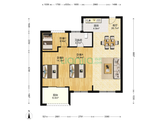 百合新城 3室1厅1卫 88平方