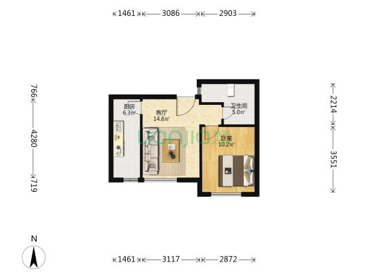 南城蓝庭 1室1厅1卫 53平方