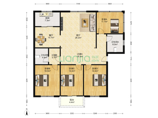 玫瑰园 4室2厅2卫 154平方