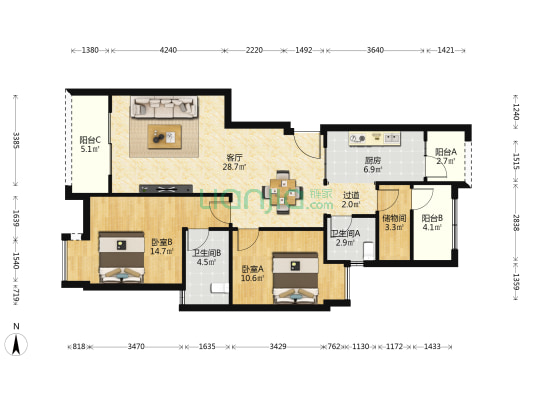 鸿鸥北城中心 2室1厅2卫 104平方