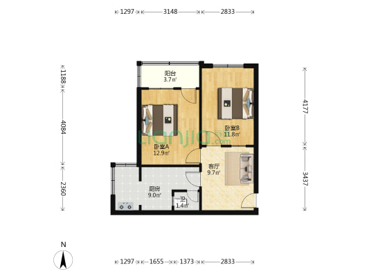 中山中路 2室1厅1卫 56平方