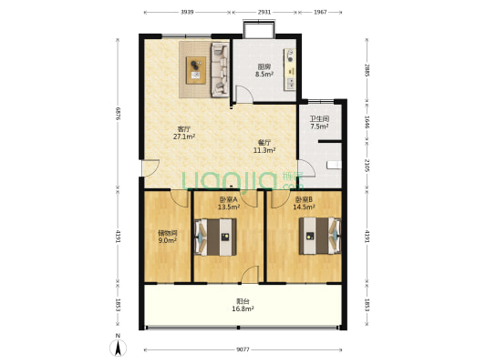 万山供销社居民小区 2室2厅1卫 129平方
