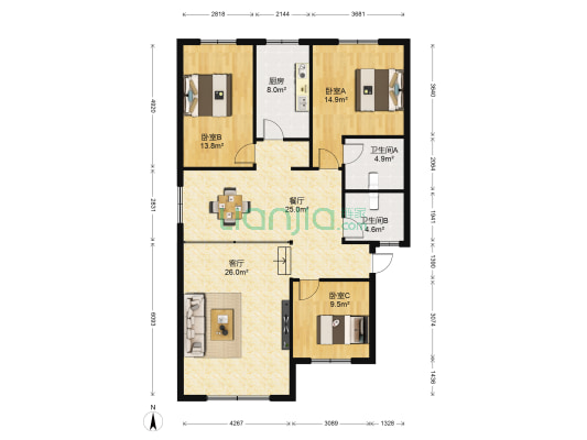 健康路50号 3室2厅2卫 130平方