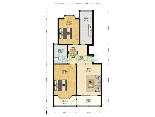 东盈公寓 2室2厅1卫 96平方