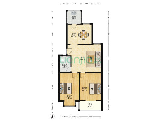 永安花园 2室2厅1卫 90平方