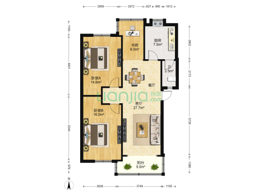 工程学院宿舍 3室1厅1卫 100平方
