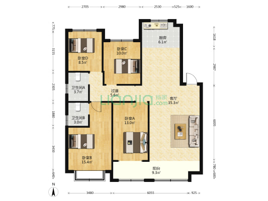 东金1号 4室1厅2卫 156平方