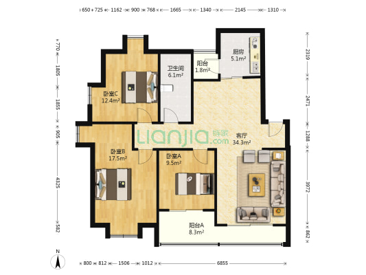 禾盛花苑 3室1厅1卫 110平方