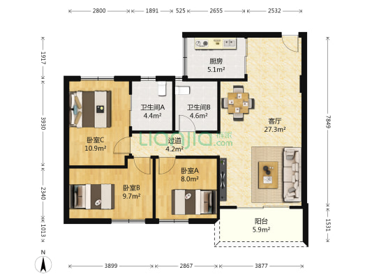 富都城 3室1厅2卫 91平方