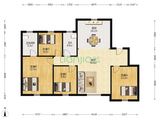 中海悦江府三期 4室1厅2卫 142平方