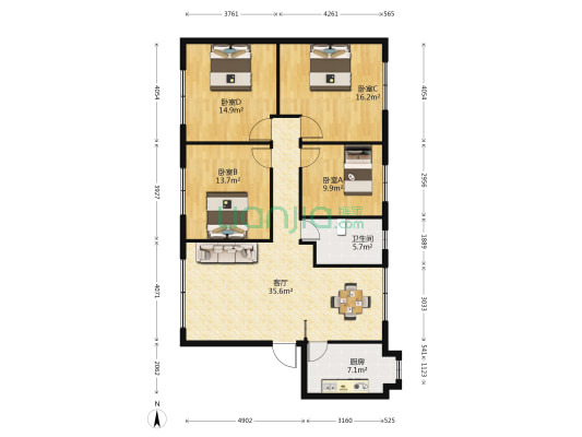 龙街 4室1厅1卫 133平方