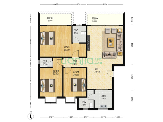 华辉苑 3室1厅3卫 122平方