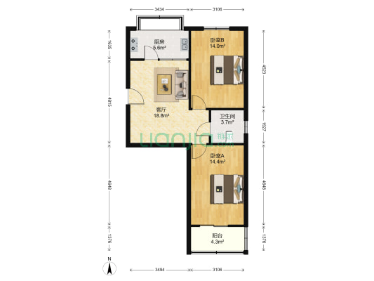 西安市第三十八中学家属院 2室1厅1卫 76平方