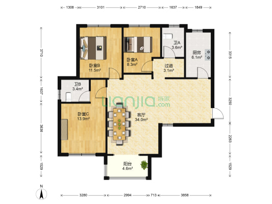 保利香槟国际 3室1厅2卫 106平方