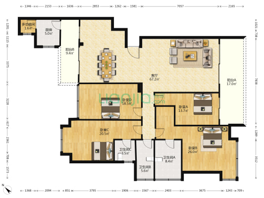 清新凯旋门 5室1厅3卫 225平方