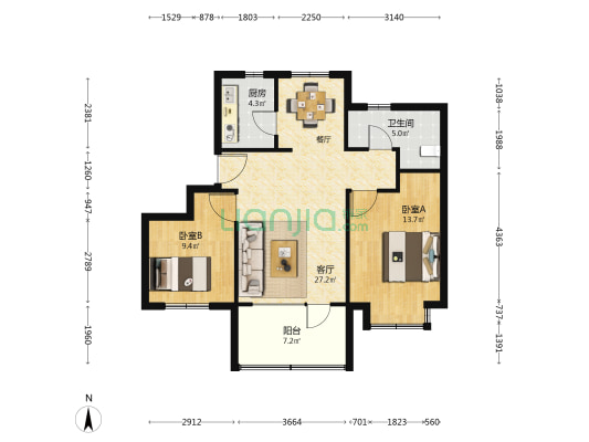 海信学府里 2室1厅1卫 89平方