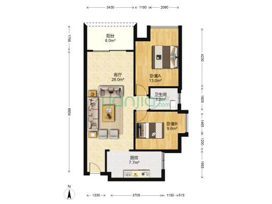 金威夷美绿居 2室1厅1卫 85平方
