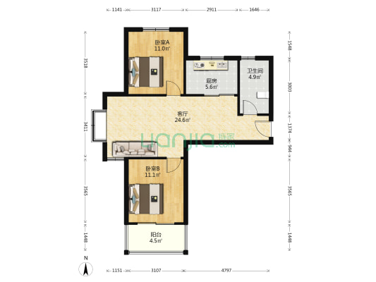 团结·福城 2室1厅1卫 86平方