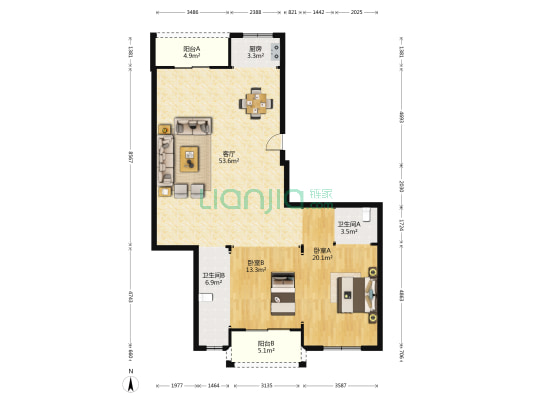 华润嘉园 2室1厅2卫 131平方