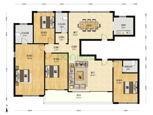 鸿翔东望樾府 4室2厅3卫 208平方