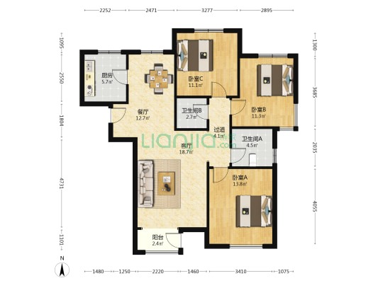 四方园 3室2厅2卫 121平方