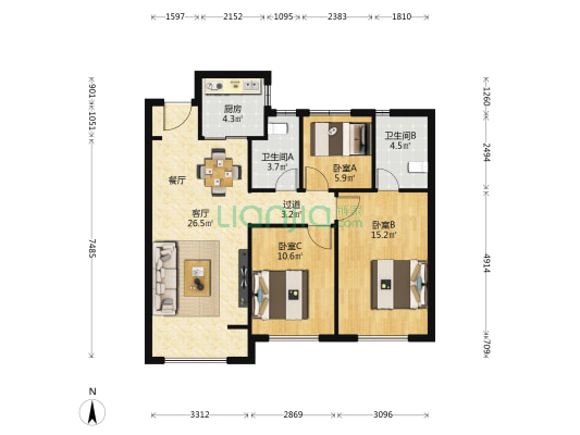 中粮奥体壹号一期 3室1厅2卫 98平方