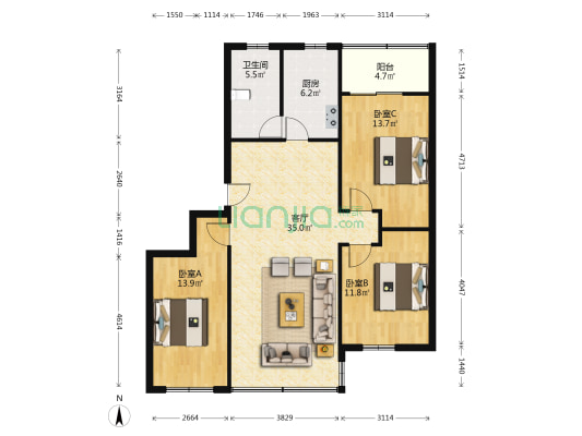 广南大厦 3室1厅1卫 88平方