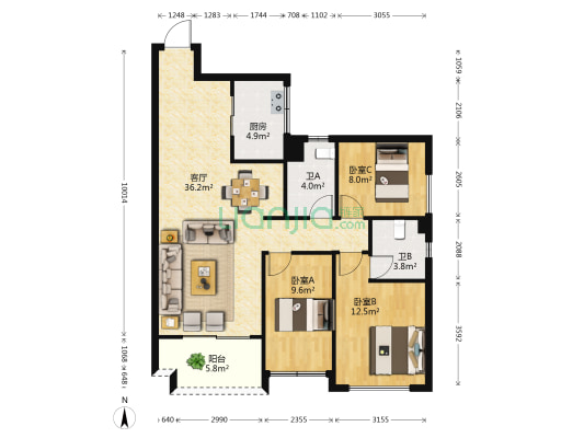 隆源国际公馆 3室1厅2卫 91平方