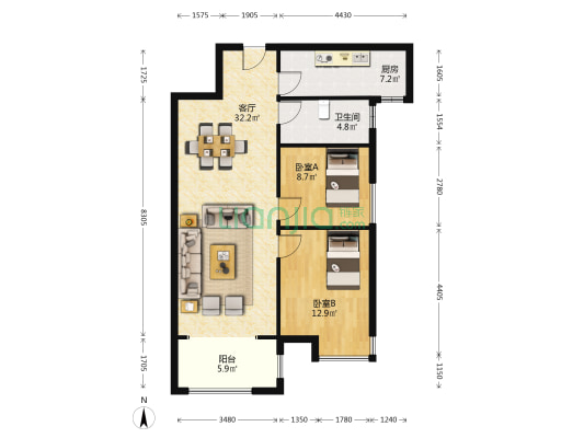 东南智汇城5号院 2室1厅1卫 95平方