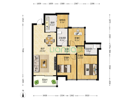 保利中央海岸四期淳境 3室1厅2卫 91平方