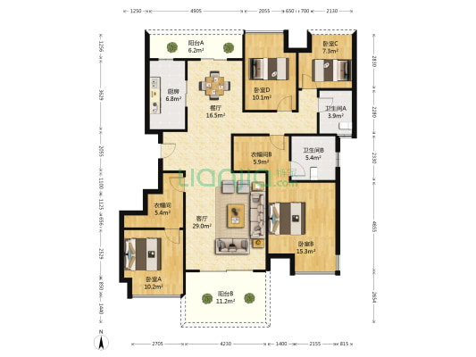 万达茂·御江国际 4室2厅2卫 136平方