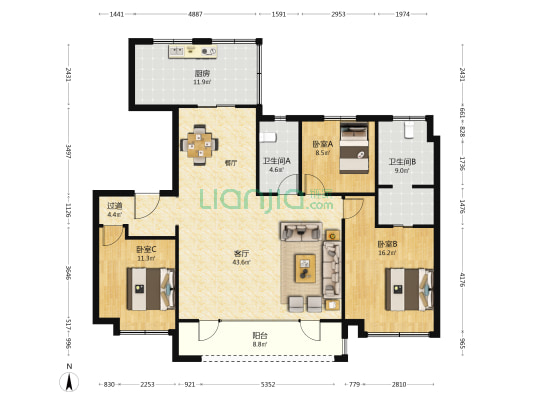 中海九塘 3室1厅2卫 143平方