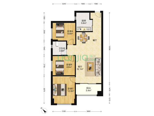 万科城二期A区 3室1厅1卫 88平方