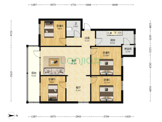 中心里 4室2厅2卫 102平方