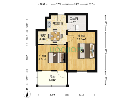 人民路222号 2室1厅1卫 44平方